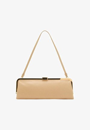 Beige leather handbag with a structured design, featuring a detachable strap and gold-tone hardware, smooth texture, and a sleek silhouette.
