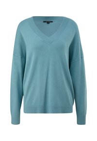 Pull ample à manches longues bleu clair avec col en V, poignets et ourlet côtelés, présenté sur un fond blanc uni.