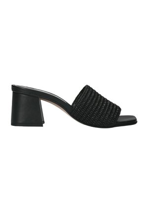 Black block-heeled mules with woven upper, open toe, smooth leather accents, and a sturdy textured heel, showcasing a structured design.
