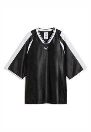 Sort og hvid kortærmet sportstrøje med tynde striber, V-hals og Puma-logo på brystet.