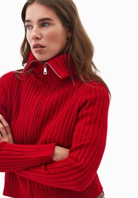 Czerwony sweter z prążkowanej tkaniny, z wysokim kołnierzem i srebrnym zamkiem błyskawicznym. Posiada długie rękawy z prążkowanymi mankietami i dopasowaną sylwetkę.