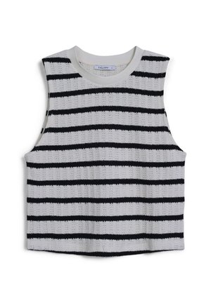 Top corto senza maniche realizzato in tessuto a maglia testurizzato, caratterizzato da righe orizzontali bianche e nere. Collo arrotondato; lati aperti.