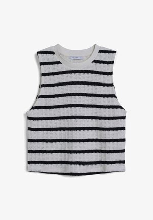 Top corto senza maniche realizzato in tessuto a maglia testurizzato, caratterizzato da righe orizzontali bianche e nere. Collo arrotondato; lati aperti.