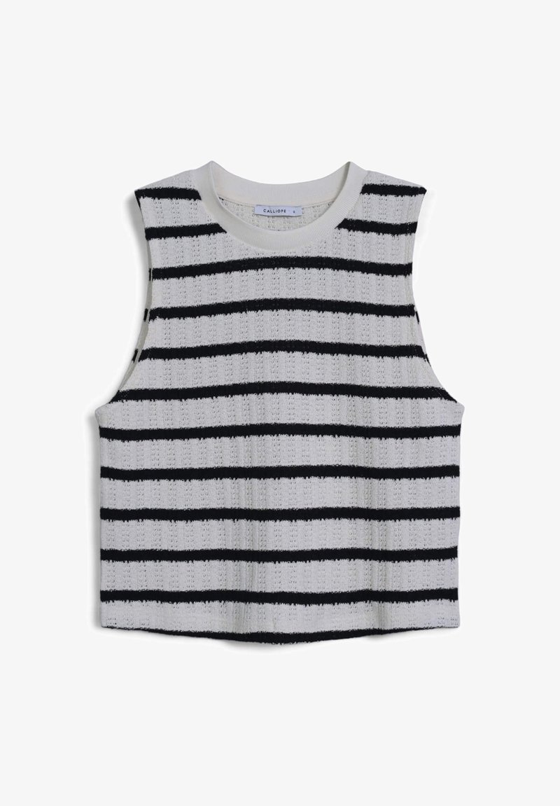 Top corto senza maniche realizzato in tessuto a maglia testurizzato, caratterizzato da righe orizzontali bianche e nere. Collo arrotondato; lati aperti.