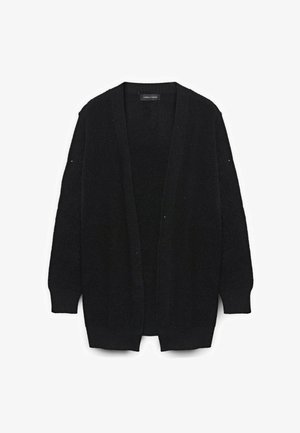 Cardigan nero in maglia con davanti aperto, maniche lunghe e tessuto texturizzato. Design semplice senza chiusure o motivi aggiuntivi.