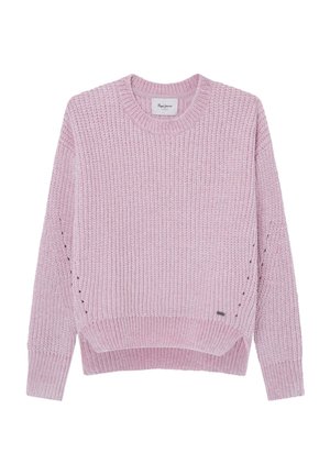 Pull tricoté rose clair avec manches longues, poignets et ourlet côtelés, encolure ronde, et petit détail perforé sur les côtés.