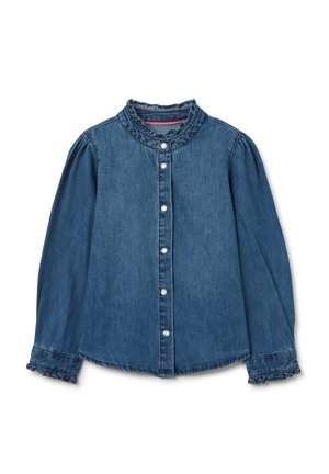 Blaue Denim-Bluse mit langen Ärmeln, Rüschenkragen und Manschetten, vordere Knopfleiste mit weißen Knöpfen und leicht gepolsterten Schultern.