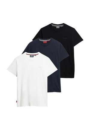 Three short-sleeve T-shirts in white, navy, and black cotton. Each features a crew neck and small brand logo on the chest.