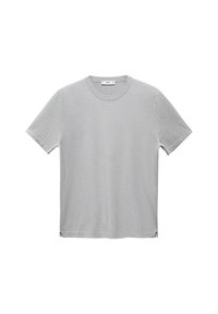 T-shirt grigio a coste realizzato in morbido tessuto, con maniche corte e scollatura rotonda, dotato di spacchetti laterali all'orlo.
