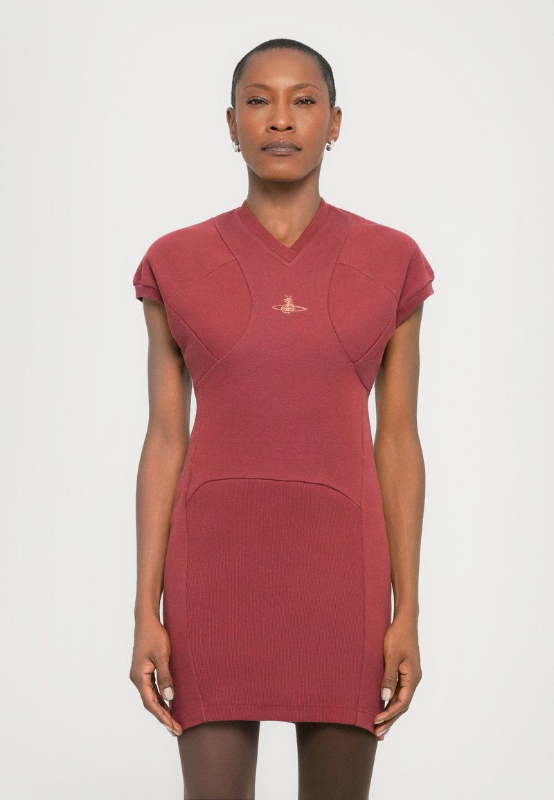 Red fitted dress with short sleeves, V-neck, ribbed texture, and contrasting tonal side panels. Features subtle gold logo on the chest.