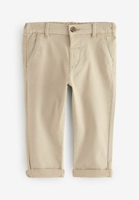 Beige Chinos mit elegantem Design, ausgestattet mit Seitentaschen, einem Knopfverschluss und umgeschlagenen Säumen. Hergestellt aus strapazierfähigem Baumwollstoff.