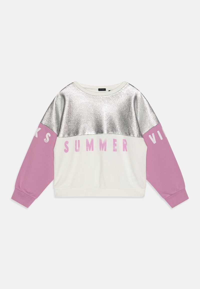 Crewneck sweatshirt with silver metallic top, white middle, and pink sleeves, featuring the word "SUMMER" in pink across the chest.