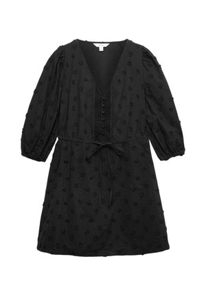 Vestido negro hasta la rodilla con mangas abullonadas de 3/4, escote en V, panel frontal de crochet con botones, patrón floral texturizado y cinturón de lazo en la cintura.