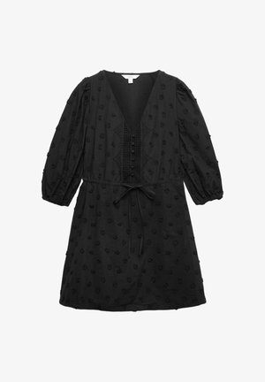 Vestido negro hasta la rodilla con mangas abullonadas de 3/4, escote en V, panel frontal de crochet con botones, patrón floral texturizado y cinturón de lazo en la cintura.