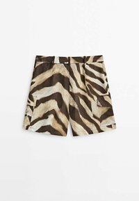 Shorts cargo à imprimé zèbre marron et beige avec poches latérales et passants de ceinture, posés à plat sur un fond blanc.