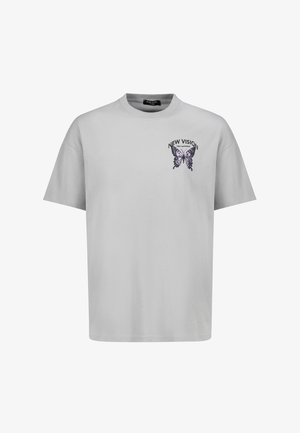 Light grey cotton t-shirt with short sleeves and a crew neckline. Features a purple butterfly graphic and "NEW VISION" text on the chest.