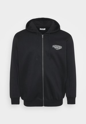 Black zip-up hoodie made of soft cotton blend. Features a hood, front zipper, and a small white logo on the left chest. Ribbed cuffs and hem.