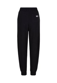 Zwarte sweatpants gemaakt van zacht materiaal, met een elastische tailleband en een enkele achterzak met de merknaam "BIZUU" gedrukt.