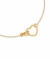 Złoty naszyjnik z łańcuszkiem, zdobiony splecionym wzorem serc z drobnymi koralikami. Gładka faktura i polerowane wykończenie.