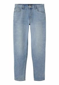 Jeans de mezclilla azul claro con diseño de pierna recta, cierre de botón, cinco bolsillos y una sutil textura deslavada en todo su cuerpo.