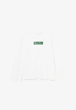 Biała koszulka z długim rękawem wykonana z bawełny, z okrągłym dekoltem, ozdobiona zielonym prostokątnym nadrukiem z napisem "Mon-Fri:".