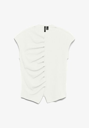 Hvid ærmeløs top med opsamlede detaljer og knapper, der går diagonalt ned ad ryggen, med et lille sort mærke ved halsudskæringen.