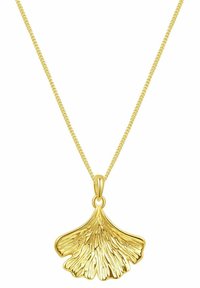 Collar con colgante de hoja de ginkgo dorada con un acabado texturizado, suspendido de una cadena fina. El colgante tiene detalles intrincados y una superficie pulida.