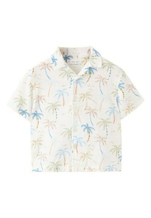 Wit overhemd met korte mouwen en knopen, bedrukt met kleurrijke palmbomen en de tekst "beach fun" in blauwe, groene en oranje tinten.