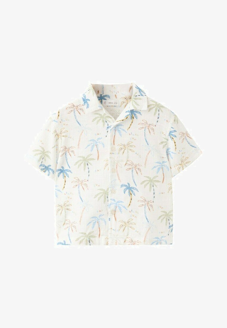Chemise blanche à manches courtes avec boutons, motifs de palmiers colorés et texte "plaisir de la plage" en tons bleus, verts et orange.