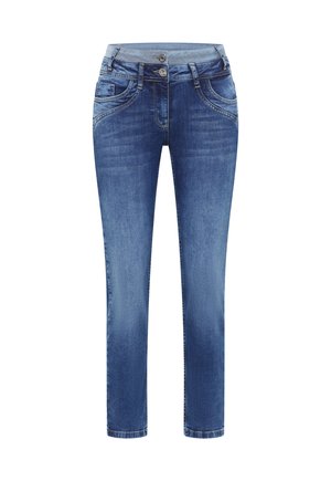 Blaue Skinny-Jeans aus Denim mit zwei Knöpfen, Taschen vorne und hinten sowie dezenten Verblassungen an Oberschenkeln und Knien.