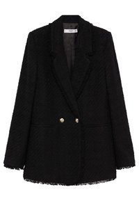 Blazer noir texturé à double boutonnage avec revers crantés, deux boutons dorés et poches avant, présentant des bords effilochés aux manches et à l'ourlet.