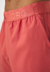 Korallfärgade tygshorts med elastisk midja och präglad "BJ BORG"-logotyp. Slät textur med sidfickor och skräddarsydd passform.