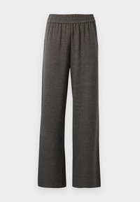 Grå vide bukser med teksturert stoff, med elastisk midjebånd og uten lommer, designet for komfort og bevegelsesfrihet.