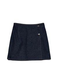 Jeanskjol i mörkblått med A-linjeskärning, prydd med två silverknappar på sidan och kontrastsöm längs fållen.