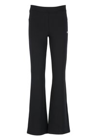 Leggings neri a palazzo realizzati in tessuto elasticizzato, con vita alta e un piccolo logo sul lato anteriore sinistro. Texture liscia in tutto il capo.