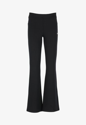 Leggings neri a palazzo realizzati in tessuto elasticizzato, con vita alta e un piccolo logo sul lato anteriore sinistro. Texture liscia in tutto il capo.