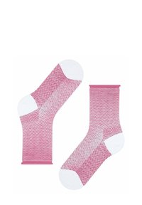 Różowe skarpety z wzorem w jodełkę, białymi akcentami na palcach i piętach oraz prążkowanym ściągaczem. Wykonane z miękkiego, oddychającego materiału.