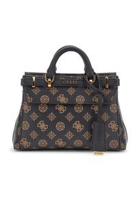 Sac à main noir texturé avec un motif de logo beige, deux poignées supérieures, accents en métal doré et une bandoulière amovible. Nom de la marque "GUESS" visible.