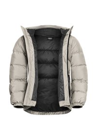 Giacca imbottita grigio chiaro con design a cuciture orizzontali, cappuccio, apertura frontale e fodera interna nera. Presenta polsini elasticizzati e chiusura con zip.