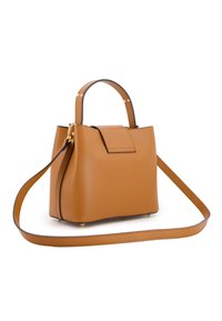 Braune Lederhandtasche mit strukturiertem Design, oberen Griff und abnehmbaren Schulterriemen. Mit goldfarbener Hardware und Klappenverschluss.