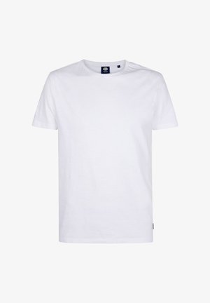 Tricou simplu alb, din bumbac, cu mânecă scurtă și guler rotund, mărimea mare, cu o mică etichetă de material pe cusătura laterală.