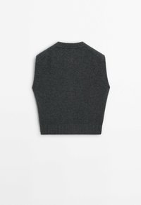 Tummanharmaa lyhyt neulepusero, joka on valmistettu pehmeästä neulekankaasta. Siinä on pyöreä pääntie ja ribbireuna vyötäröllä. Näytetään takanäkymä.