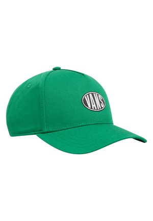 Green fabric cap featuring a rounded crown and a curved brim. Displays a black oval logo with the word "VANS" in white. Smooth texture.