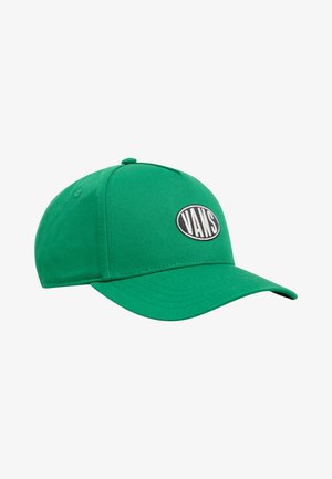 Green fabric cap featuring a rounded crown and a curved brim. Displays a black oval logo with the word "VANS" in white. Smooth texture.
