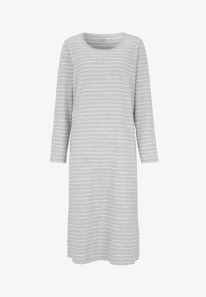 Grårandig långärmad klänning i mjukt tyg, med rund halsringning och knälång längd, prydd med subtila horisontella ränder.