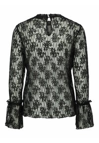 Crna čipkasta bluza s cvjetnim vezom, dugim rukavima s naboranim manšetama i zatvaranjem na stražnjoj strani s otvorom. Prozirna, teksturirana tkanina.