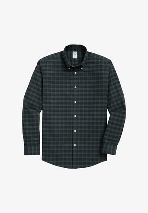 Grünes kariertes Hemd mit Knopfverschluss und Kragen, mit weißen Knöpfen und einer glatten Baumwolltextur. Lange Ärmel und eine normale Passform.