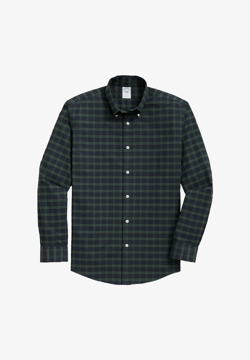 Camicia a quadri verdi con colletto, caratterizzata da bottoni bianchi e una texture in cotone liscia. Maniche lunghe e vestibilità standard.