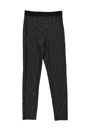 Czarne dopasowane legginsy z powtarzającym się geometrycznym wzorem na całej powierzchni oraz szerokim czarnym pasem w talii.