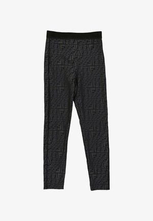 Leggings noirs ajustés avec un motif géométrique répétitif sur toute la surface et une large ceinture noire.